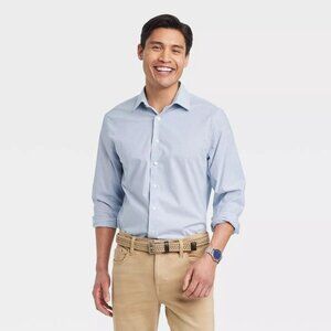 Mens Blue And White Performance Dress Standard Fit Long Sleeve Button-Down Shirt